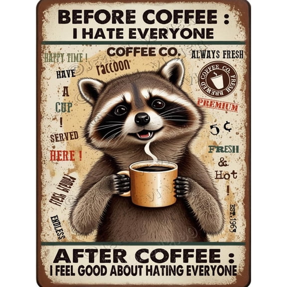 Raccoon Decor Before Coffee I Hate Everyone Unique Aluminum Sign,12x16 inches,Funny Animal Decor, Home Wall Decor for Cafes Coffee Shop Club Decor,Housewarming Gifts