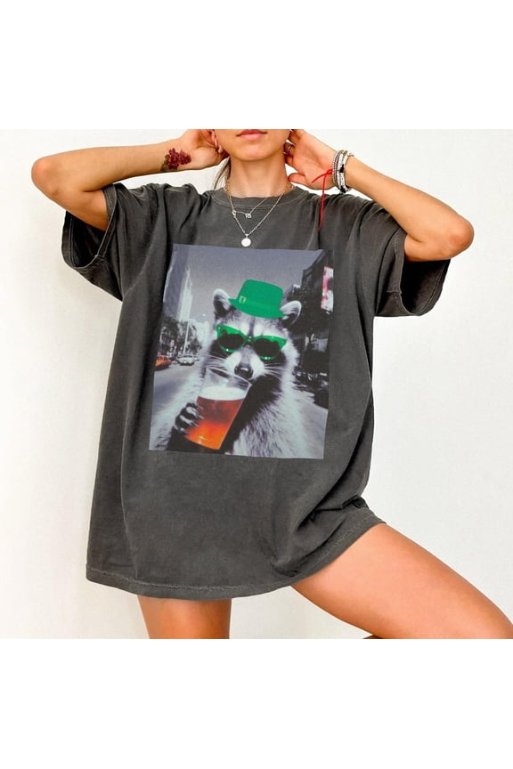 Raccoon Drinking Beer, Y2K St Patricks Day Bear T-Shirt, Retro Irish 90s, Lucky Girl Irish Shirt, Shamrock Bar Crawl Funny Animal Meme Tshirt