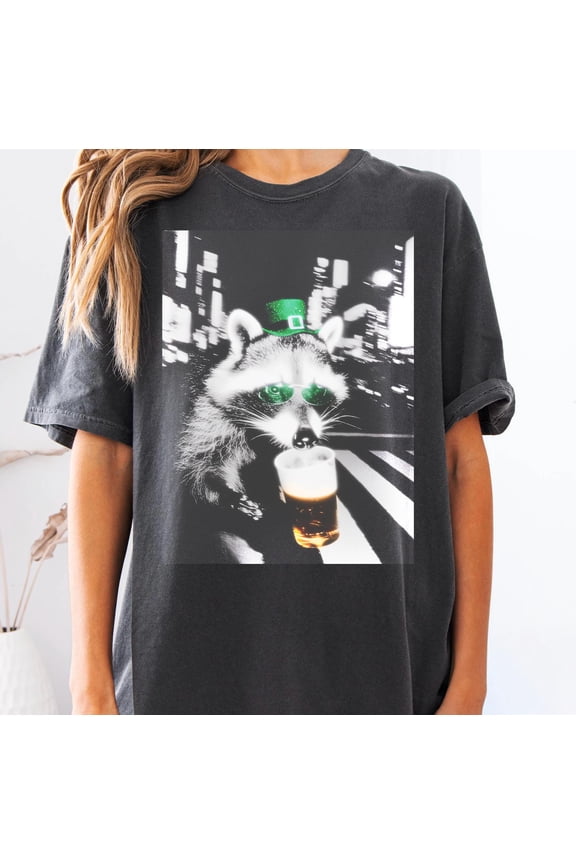 Raccoon Drinking Beer, Y2K St Patricks Day Bear T-Shirt, Retro Irish 90s, Lucky Girl Irish Shirt, Shamrock Bar Crawl Funny Animal Meme Tshirt