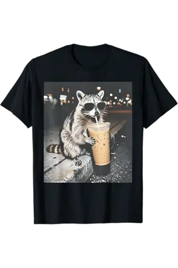 Raccoon Drinking Iced Coffee Funny Animal Meme Men Women T-Shirt