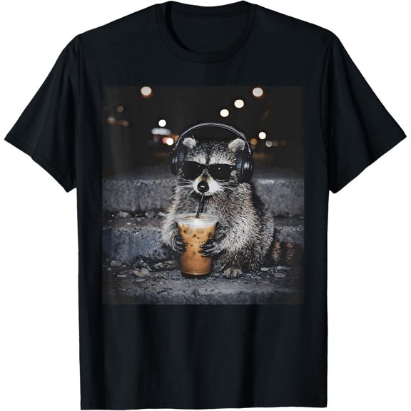 Raccoon Drinking Iced Coffee Funny Animal Meme Men Women T-Shirt