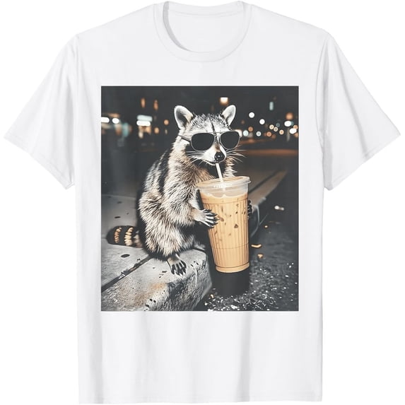 Raccoon Drinking Iced Coffee Funny Animal Meme Men Women T-Shirt