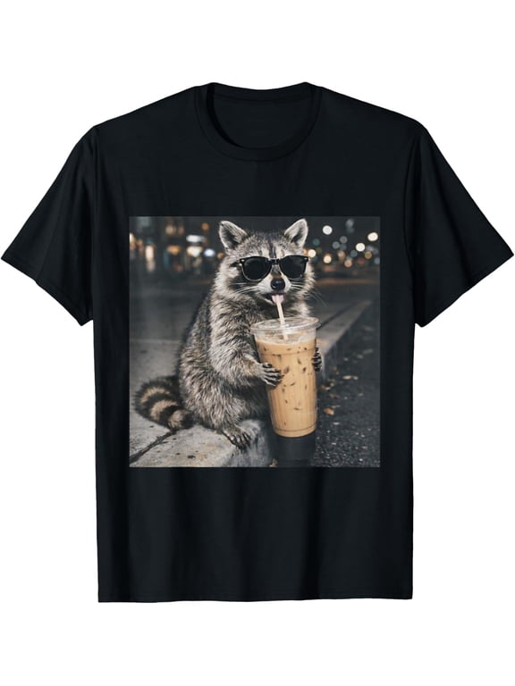 Raccoon Drinking Iced Coffee Funny Animal Meme Men Women T-Shirt