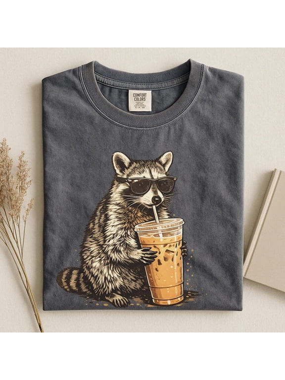 Raccoon Drinking Iced Coffee Shirt | Funny Animal Meme Tee | Coffee Lover Raccoon Shirt | Raccoon Unisex T-Shirt