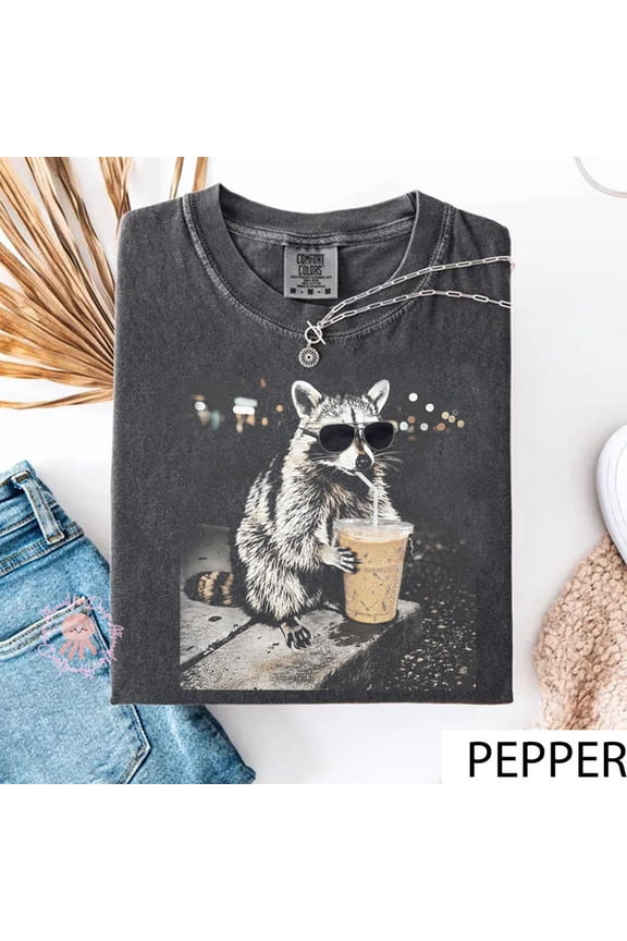 Raccoon Drinking Iced Coffee Shirt | Funny Animal Meme Tee | Coffee Lover Raccoon Tee | Raccoon And Iced Tee