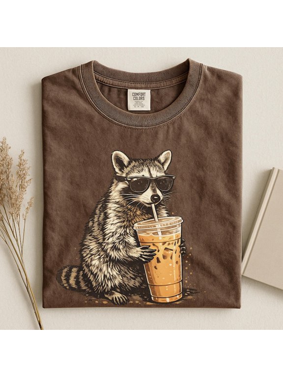 Raccoon Drinking Iced Coffee Shirt | Funny Animal Meme Tee | Coffee Lover Raccoon Unisex T-Shirt