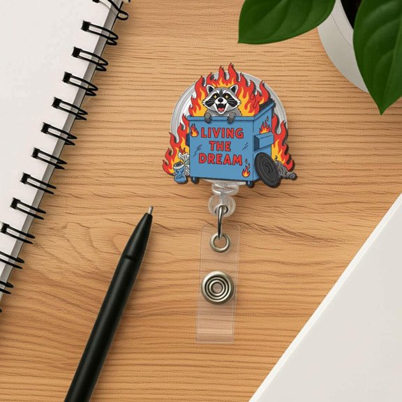 Raccoon Dumpster Fire Badge Reel, Retractable ID Holder with Belt Clip