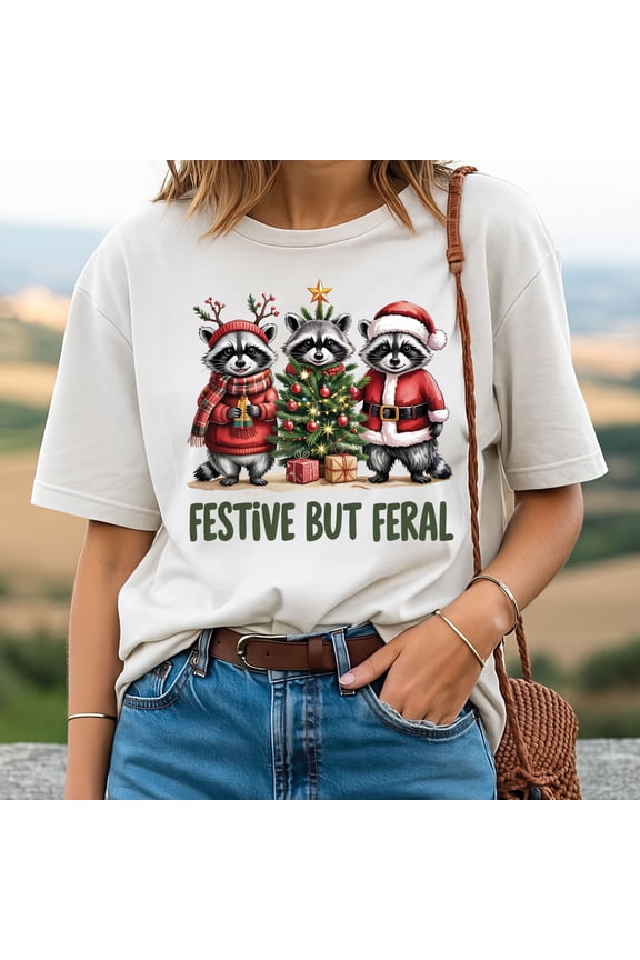 Raccoon Festive But Feral Christmas T-Shirt – Funny Holiday Animal Tee, Cute Xmas Shirt, Cozy Winter Gift for Raccoon Lovers