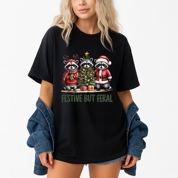 Raccoon Festive But Feral Christmas T-Shirt – Holiday Animal Humor – Unisex Holiday Wear