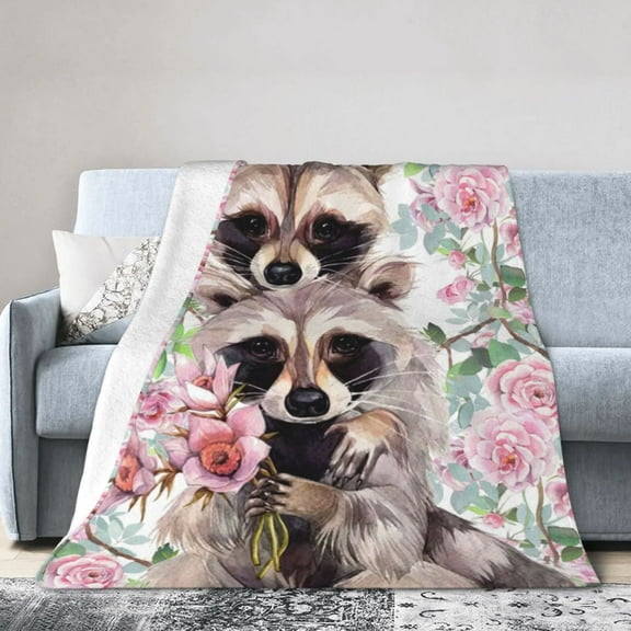 Raccoon Floral Blanket Gifts For Kids Adults - Lightweight Throw Blanket For Bedroom Living Room Decor Soft Fuzzy Fleece Cozy Plush Bed Couch 40"X30"