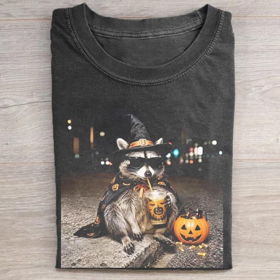 Raccoon Halloween Shirt, Spooky Season Graphic Tee, Halloween Raccoon Drink T-shirt