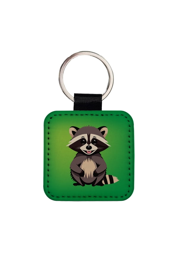 Raccoon Happy Faux Leather Square Keychain