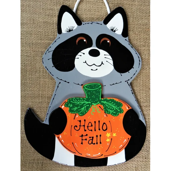 Raccoon Hello Fall Sign Autumn Seasonal Wall Art Door Hanger Wood Plaque Decor