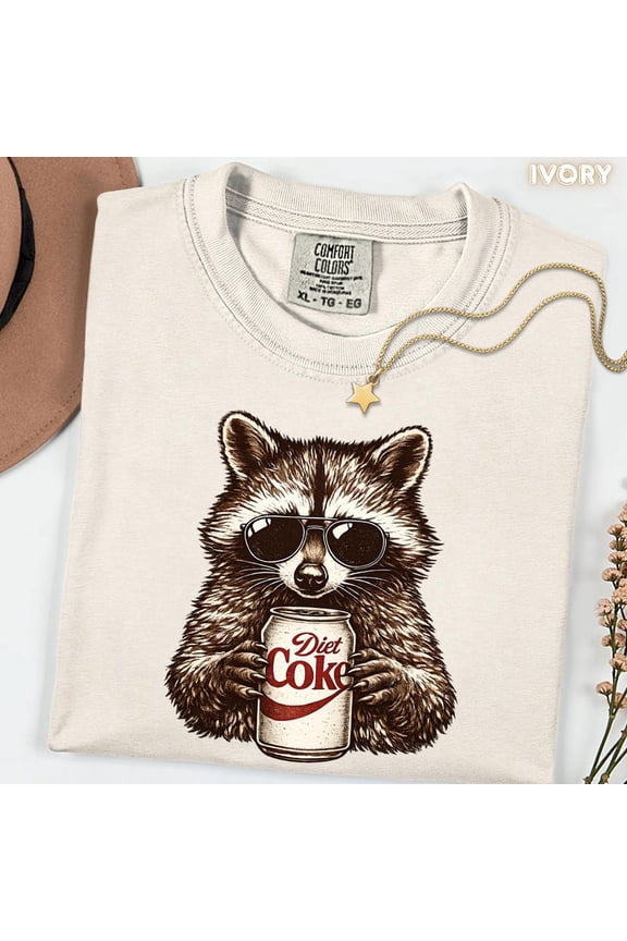 Raccoon Holding Soda Can Graphic Shirt Retro Animal Illustration Cool Sunglasses Vintage Diet Coke Style Tee Comfort Colors Unisex Cotton T-Shirt, Size S-3XL