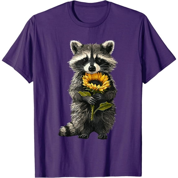 Raccoon Holding Sunflower Cute Flower Mothers Day Unisex T-Shirt for Men Women Kids Toddler,Purple Color,Size YL
