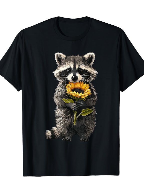 Raccoon Holding Sunflower Cute Flower T-shirt Casual Wear, Everyday Outfit, Playful Graphic Tee Fun Tshirt
