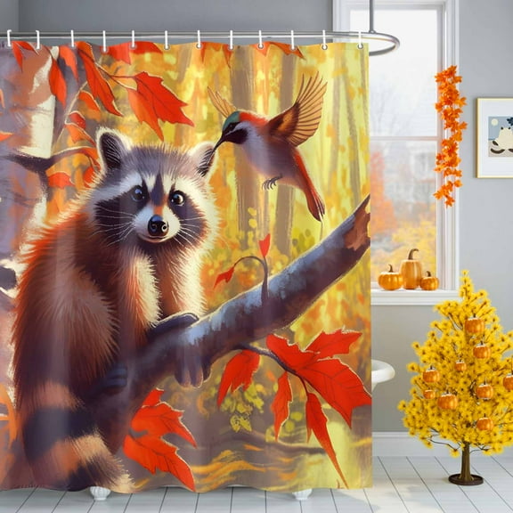 Raccoon Hummingbird Autumn Maple TreeForest Watercolor Maple Leaves