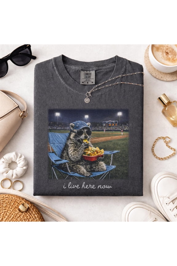 Raccoon I Live Here Now Shirt, Funny Nacho Shirt, Baseball Mom Tee, Game Day Shirt, Raccoon Lover Gift, Funny Animal Shirt, Ballpark Shirt