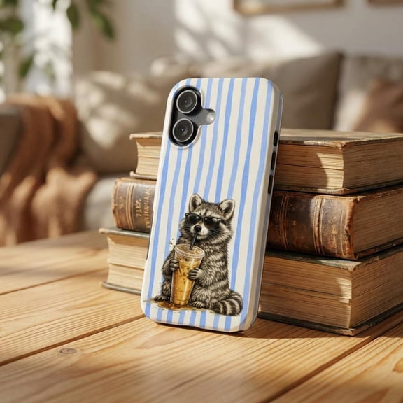 Raccoon Iced Coffee Phone Case, Striped Blue Design, iPhone 11-29