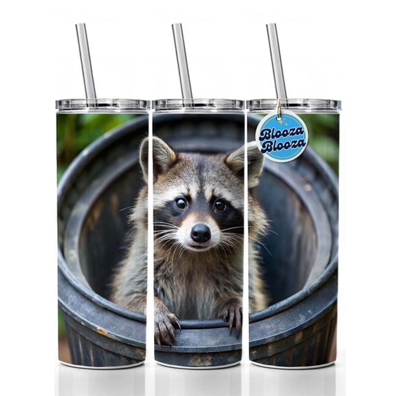 Raccoon In Barrel Trash Panda 20oz Insulated Water Bottle Skinny Tumbler Includes Straw