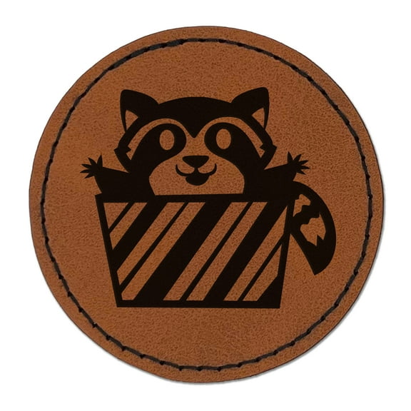 Raccoon Jumping Out Present Christmas Holiday 2.5" Faux Leather Round Engraved Iron-On Patch - Brown