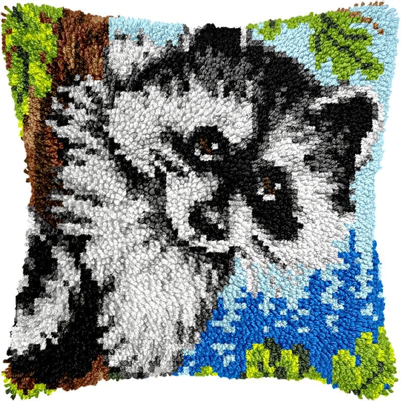 Raccoon Latch Hook Pillow Kits Cushion Pillowcase with Pattern Printed Canvas Sofa Hooking Pillows Crafts Embroidery Latch Hooking Crochet Kits 17x17 inch(178)