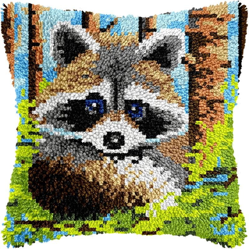 Raccoon Latch Hook Pillow Kits Cushion Pillowcase with Pattern Printed Canvas Sofa Hooking Pillows Crafts Embroidery Latch Hooking Crochet Kits 17x17 inch(177)