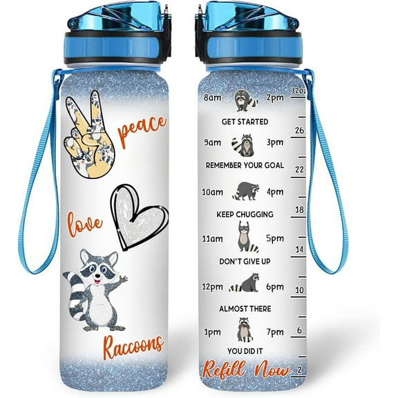 Raccoon Lovers Water Bottle - 32 Oz 1Liter Motivational Bottle With Time Marker, Cute Raccoons Gift For Animal Lovers, Women, Girls on Birthday, Mothers Day