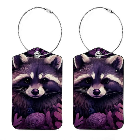 Raccoon Luggage Tag, Travel Tags, Handbag Tag - Square PU Leather 2 Pack with Privacy Cover and Stainless Steel Ring - Suitable for Travel, Backpack, Handbag [Amazon Approved]