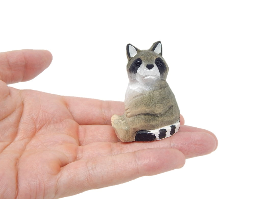 Mini Racoon Figures Hand-Painted & Carved Miniature Wooden Raccoon Figurine - Vintage Art ...