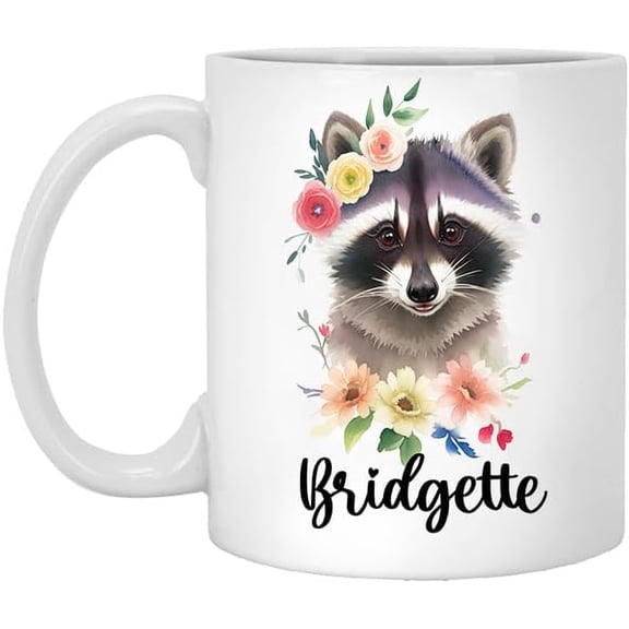 Raccoon Mug - Personalized Raccoon Name Bridgette 11oz White Mug Mug - Raccoon Gifts for Raccoon Lovers - Coffee Cup for Men, Love Raccoon - Cute Raccoon Themed Gift 11 Oz White Ceramic Coffee 943233