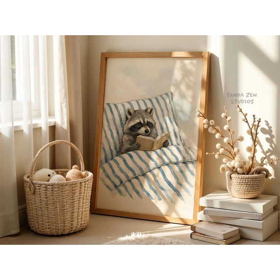 Raccoon Nursery Woodland Animal Kids Room Art Cute Reading Raccoon ...