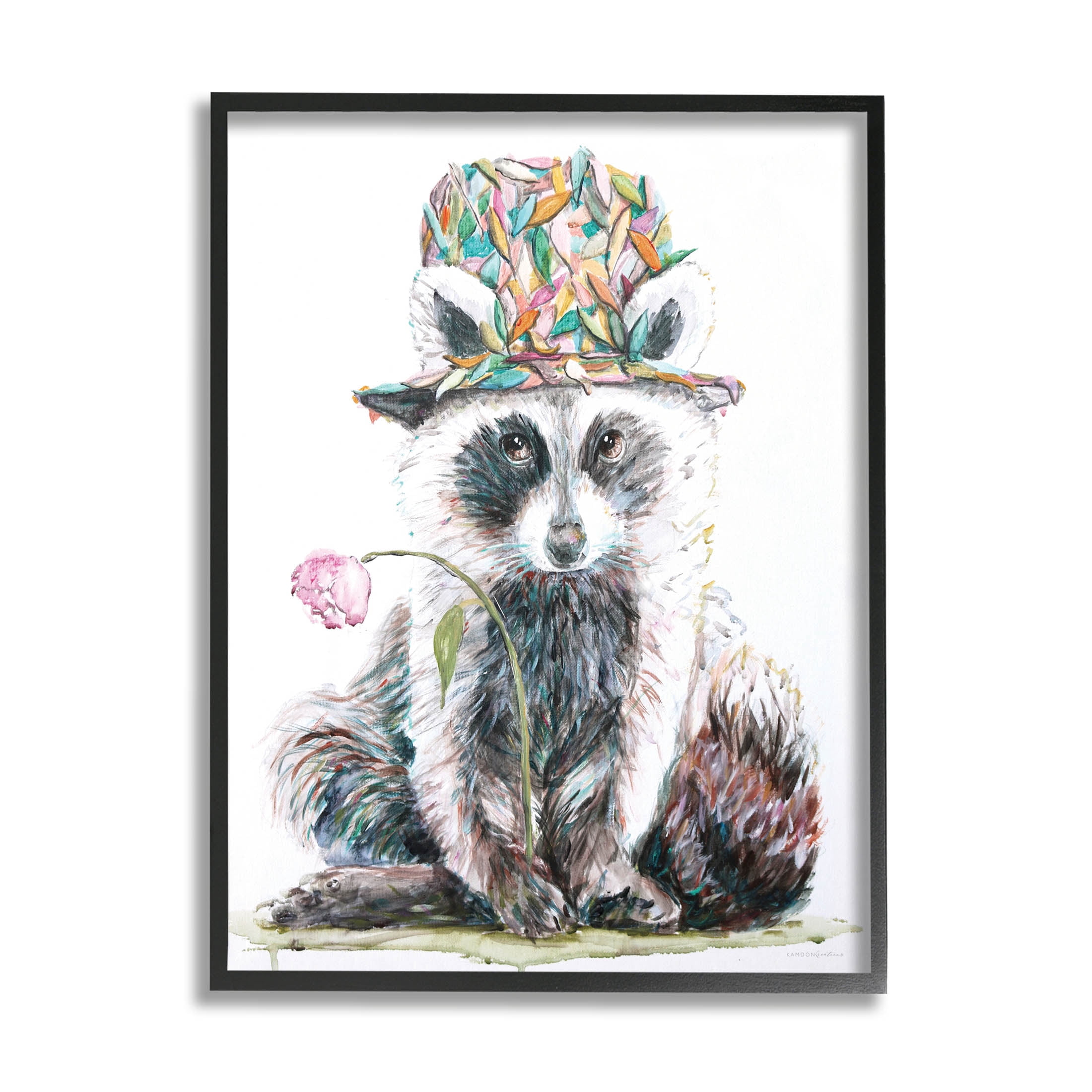 Raccoon Pink Blossom Hat Animals & Insects Graphic Art Black Framed Art Print Wall Art