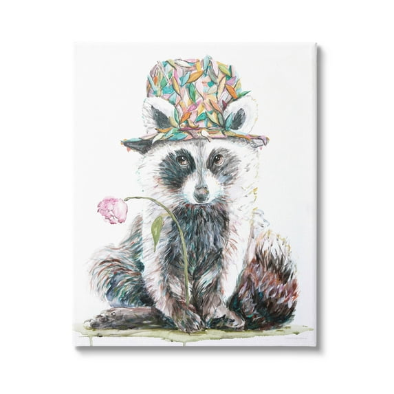 Raccoon Pink Blossom Hat Animals & Insects Graphic Art Gallery Wrapped Canvas Print Wall Art