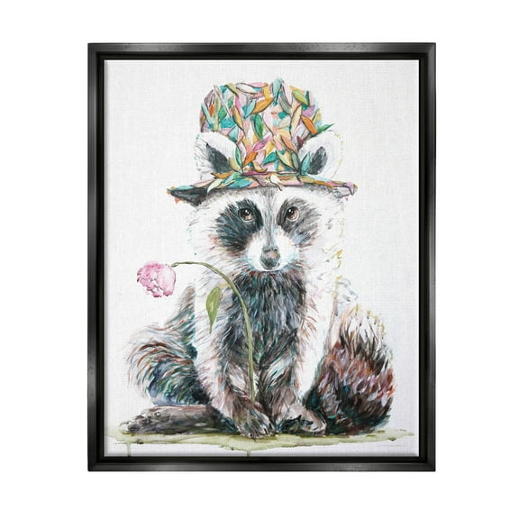 Raccoon Pink Blossom Hat Animals & Insects Graphic Art Jet Black Framed Art Print Wall Art
