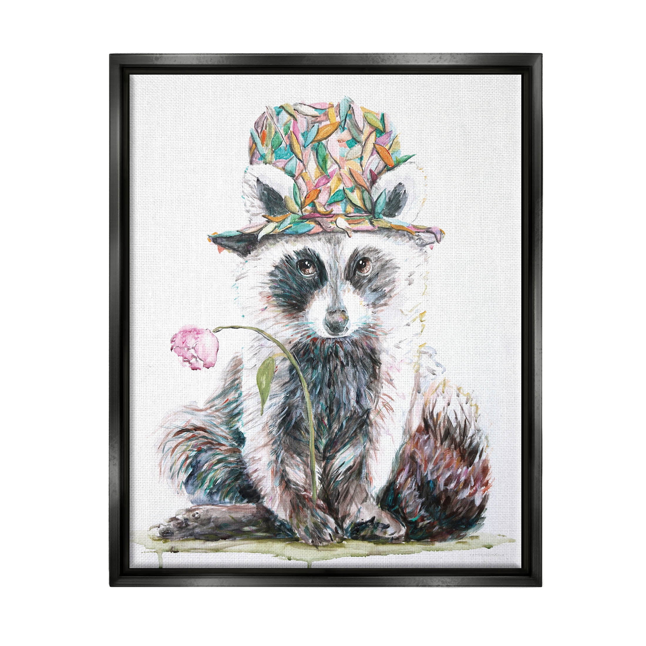 Raccoon Pink Blossom Hat Animals & Insects Graphic Art Jet Black Framed Art Print Wall Art