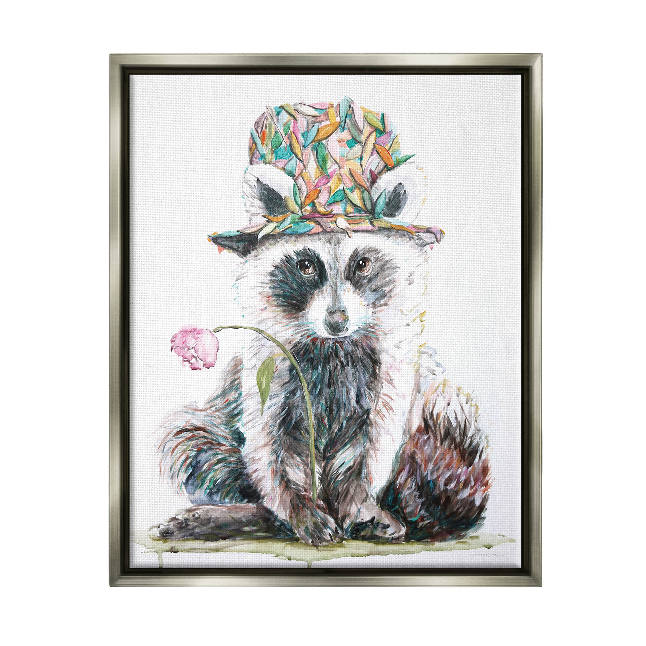 Raccoon Pink Blossom Hat Animals & Insects Graphic Art Luster Gray Framed Art Print Wall Art