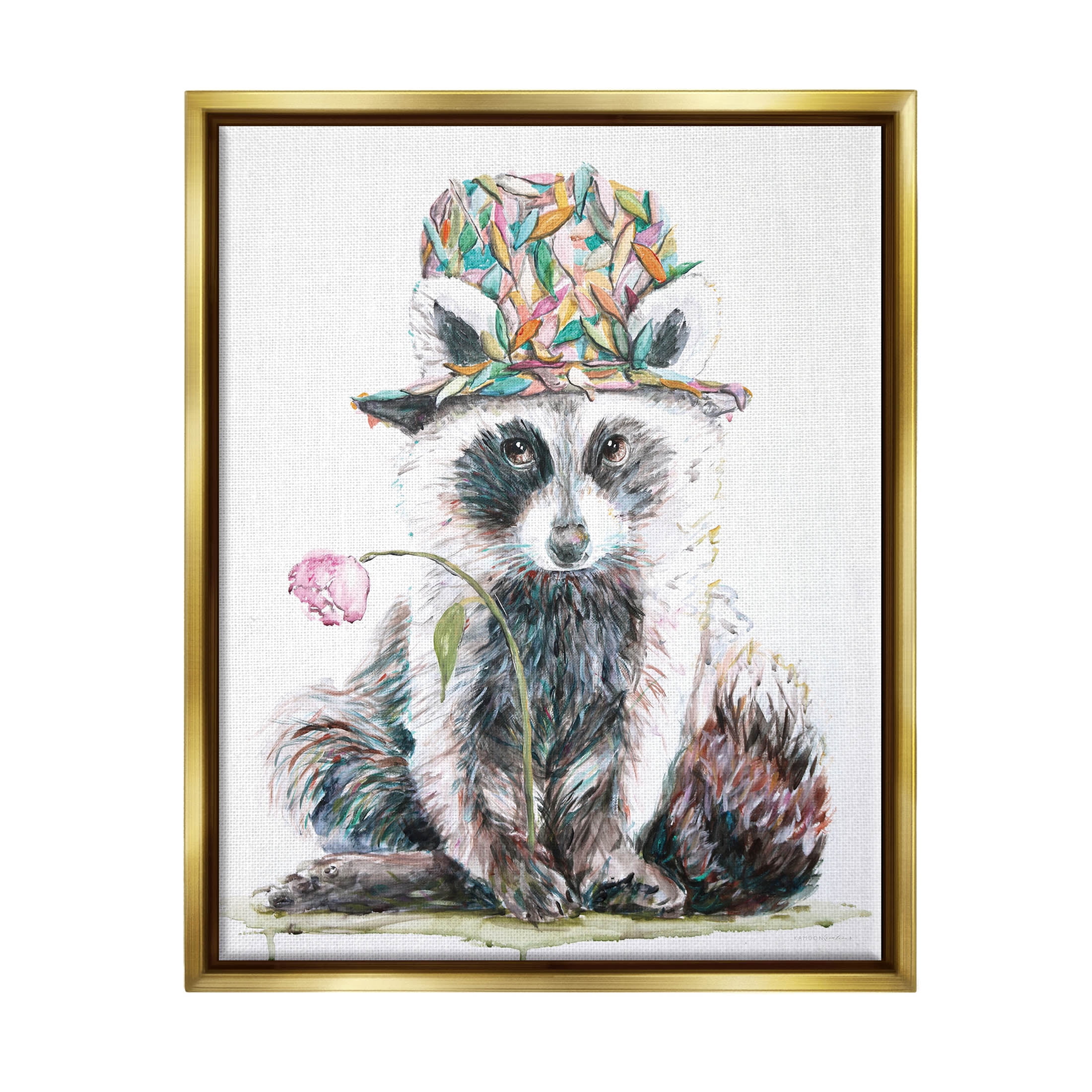 Raccoon Pink Blossom Hat Animals & Insects Graphic Art Metallic Gold Framed Art Print Wall Art