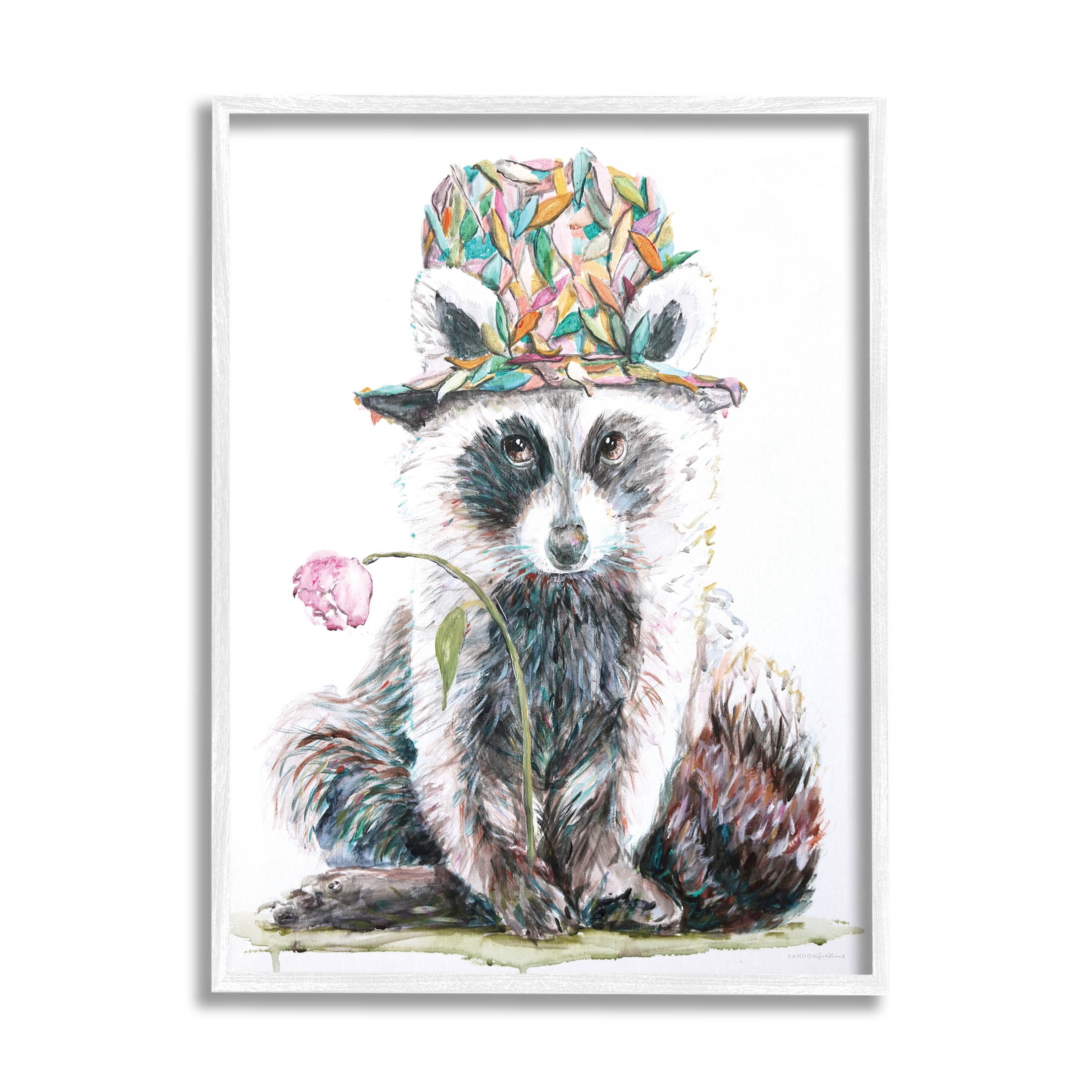 Raccoon Pink Blossom Hat Animals & Insects Graphic Art White Framed Art Print Wall Art