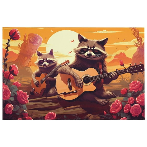 Raccoon Playing Guitar Washable Carpet, Non Slip Carpet Mat for Living Room Bedroom