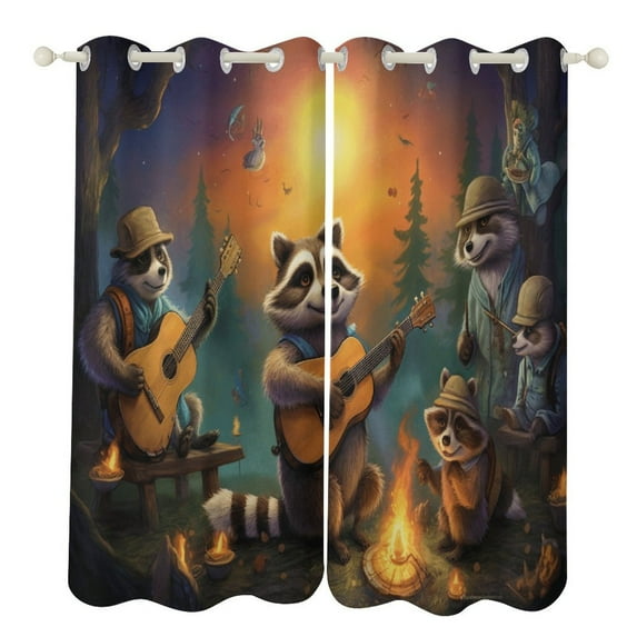 Raccoon Playing Guitar Window Curtain Panels Grommet Blackout Curtains Blackout Curtains for Living Room
