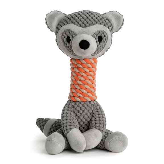 Raccoon Plush Dog Toy, Multi-Textured Squeaky Toy with Rope Neck, Gray, Interactive Pet Chew Toy