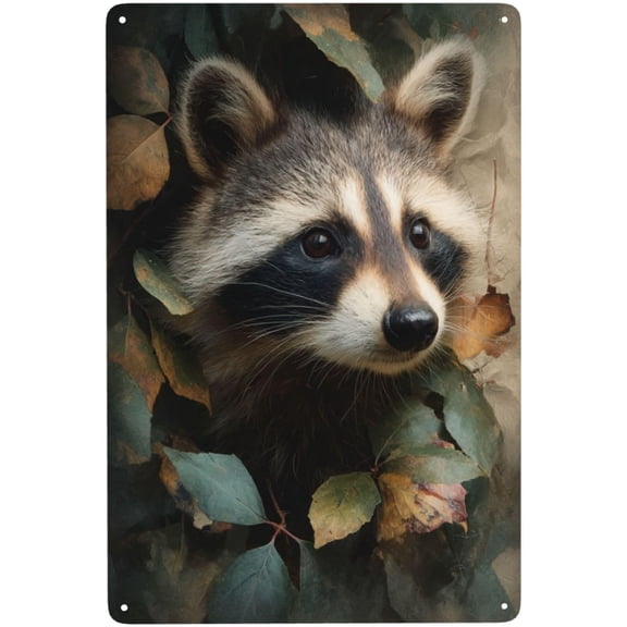 Raccoon Portrait Metal Tin Sign, Woodland Animal Wall Art for Indoor or Outdoor Porch or Bedroom, 8 x 12 Inch
