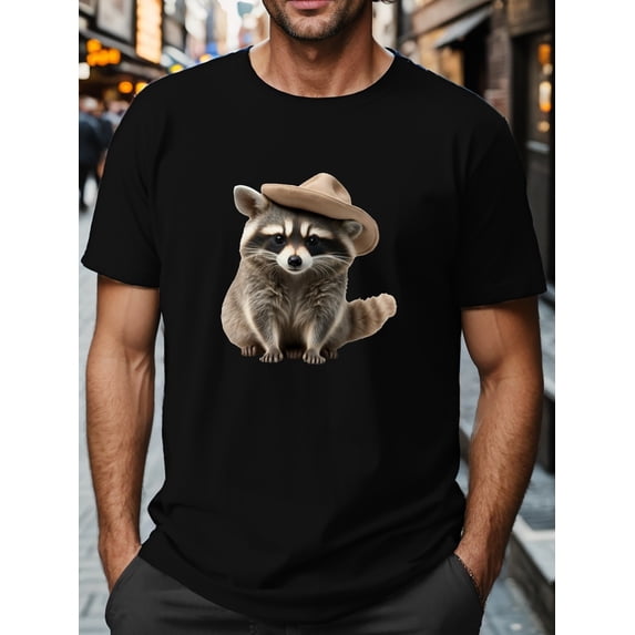Raccoon Print Men's Short Sleeve T-shirts, Comfy Casual Tops