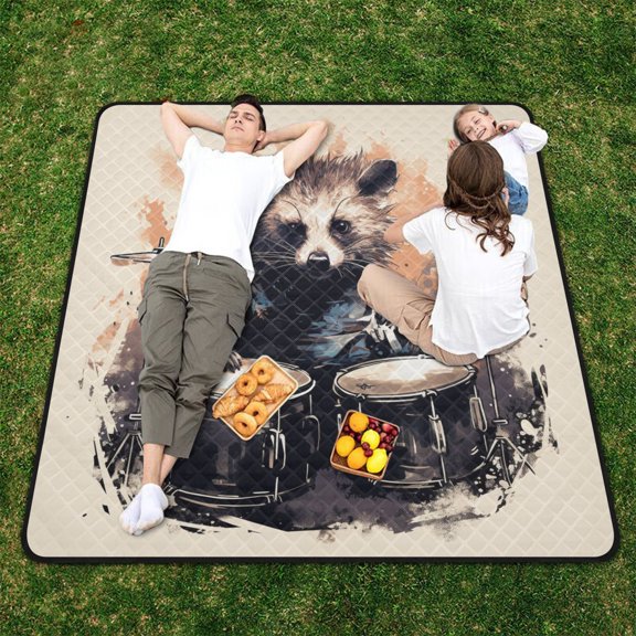Raccoon Rack Drum Beach Blanket Outdoor Picnic Blanket 78"x 78" Waterproof Foldable for Beach Camping Travel Hiking Grass Lawn Park