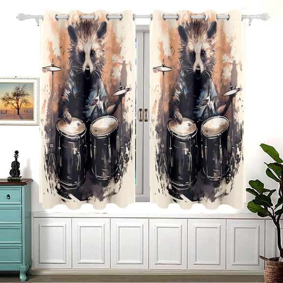 Raccoon Rack Drum Black Out Curtains Aesthetic for Bedroom Living Room Sliding Glass Doors Kitchen Windows 2 panels set