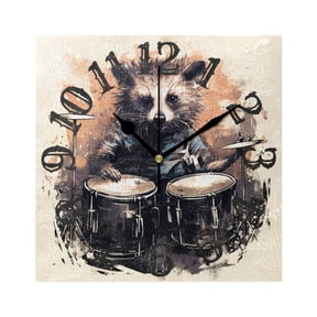 Raccoon Rack Drum Wall Clock Square Silent Non Ticking Battery Operated Clock for Home Bathroom Kitchen Bedroom Living Room