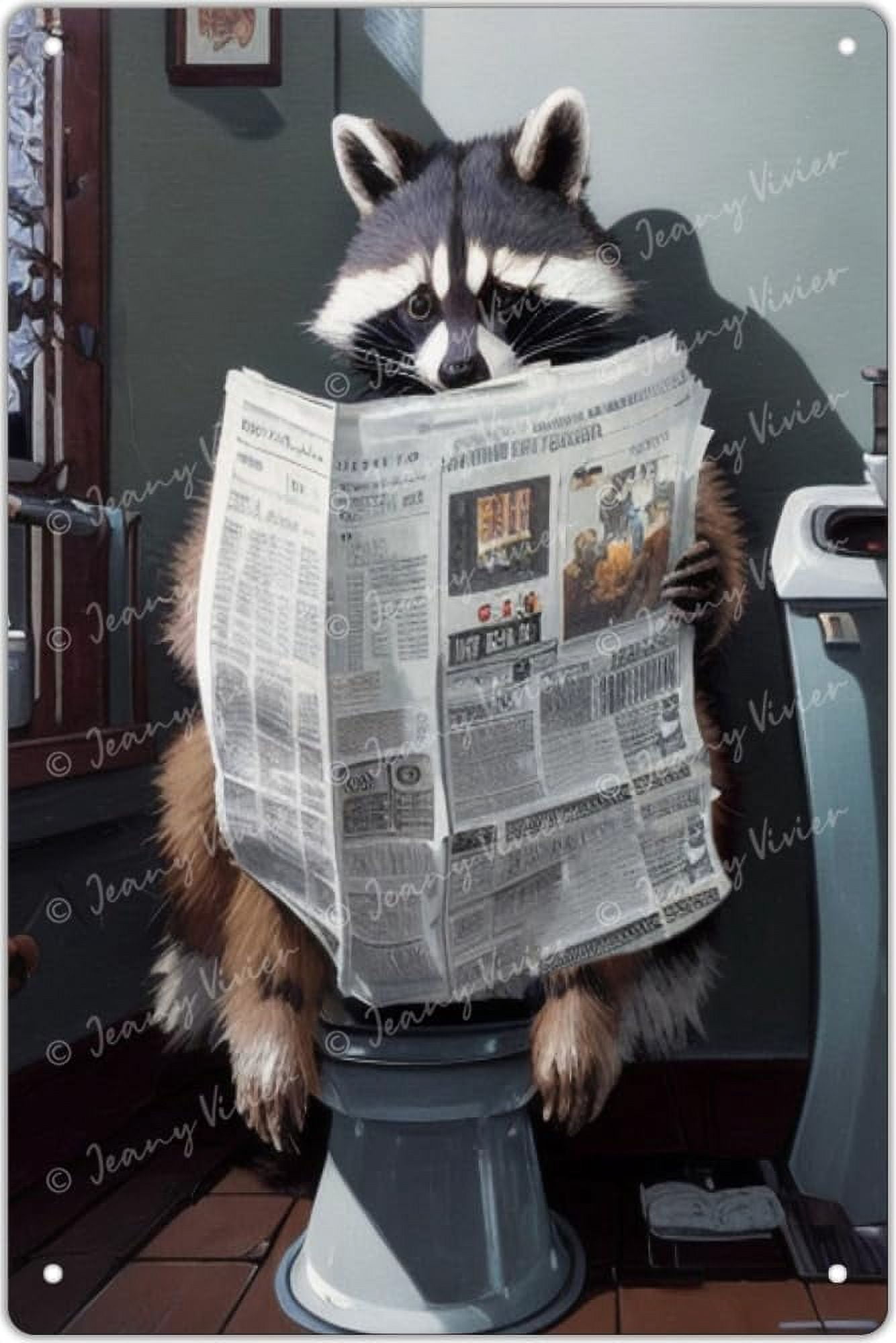 Raccoon Reading The Newspaper On Toilet Funny Painting Wall Art Retro ...