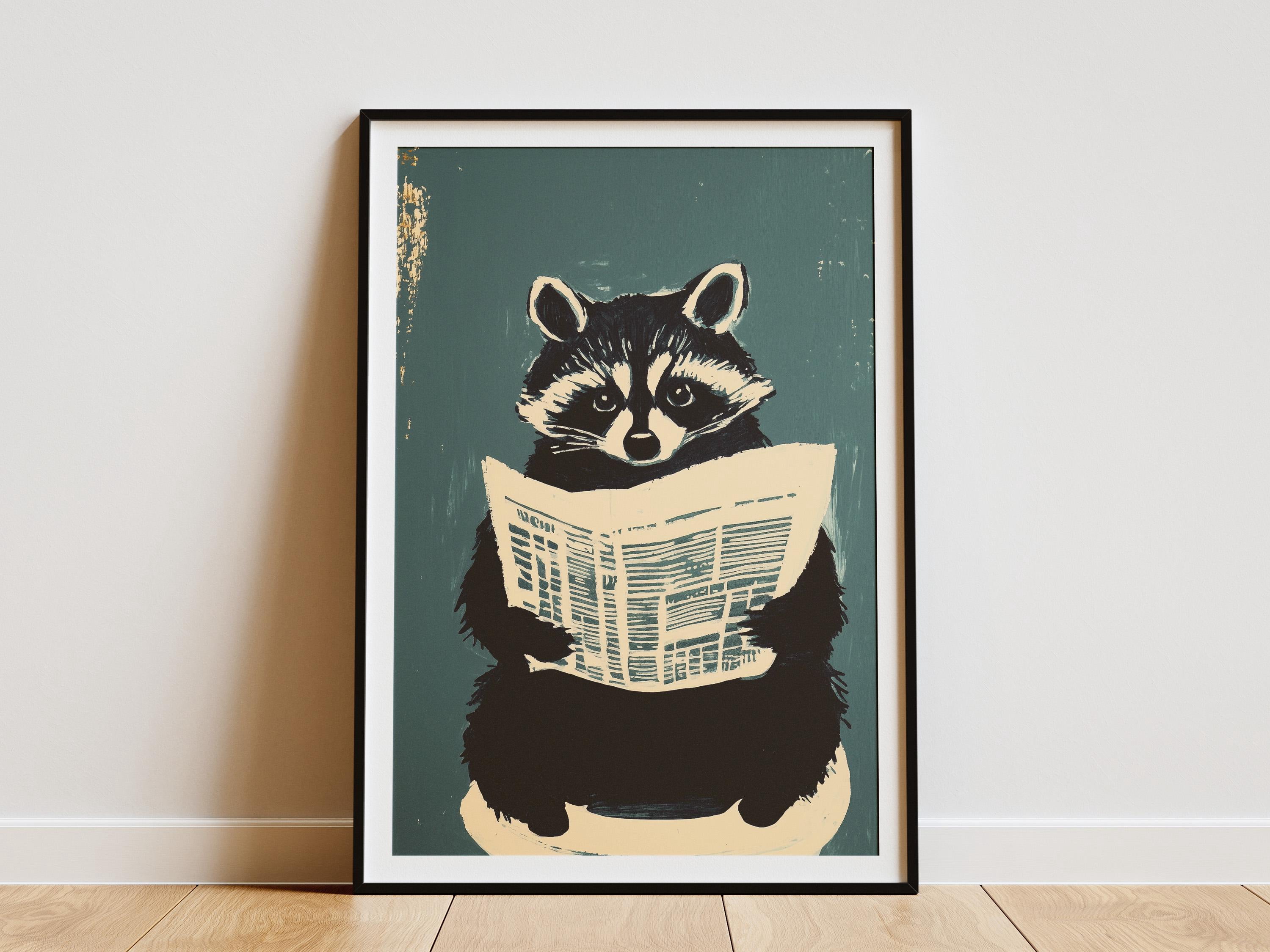 Raccoon Reading Newspaper on Toilet Painting Bathroom Decor Funny ...