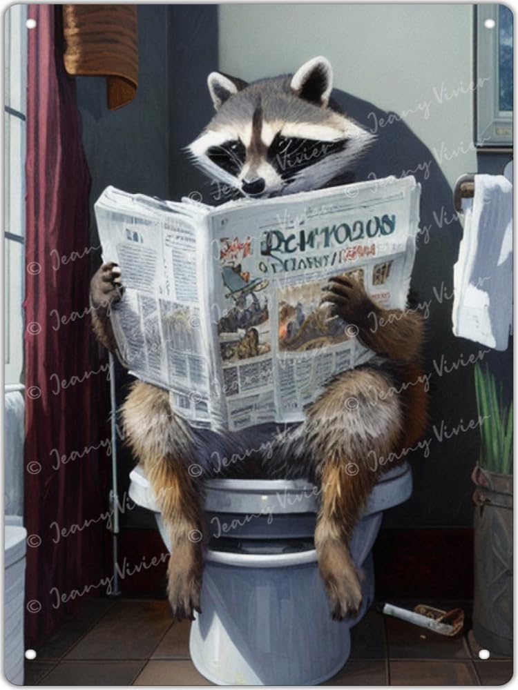 Raccoon Reading The Newspaper On Toilet Funny Bathroom Decor Wall Art ...